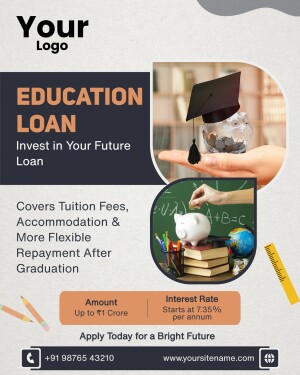 Education loan advertisement with a graduate cap and coins in a jar