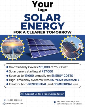 Flyer promoting solar energy solutions with information on subsidies, pricing, and benefits.