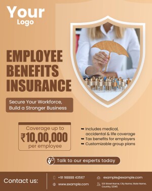 Flyer promoting employee benefits insurance with an image of a shield protecting people under an umbrella.