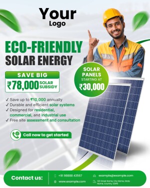 Advertisement for eco-friendly solar energy with a worker pointing to solar panels and subsidy information.