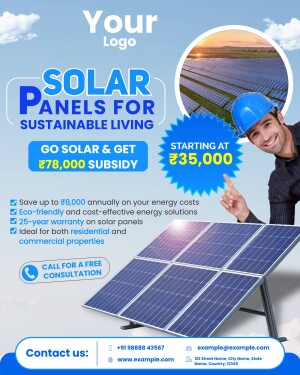 Advertisement for solar panel installation with subsidy details and a smiling engineer.