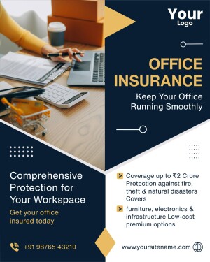 Flyer promoting office insurance with a desk setup and text about comprehensive protection.