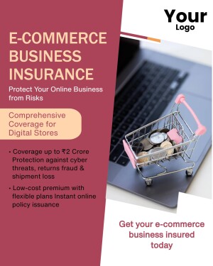 Advertisement for e-commerce business insurance with a shopping cart on a laptop.