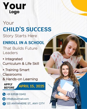 Flyer promoting school enrollment with a student studying and school building in the background.