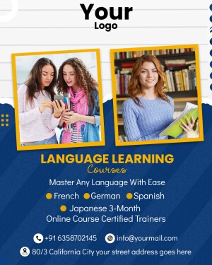 Promotional image for language learning courses featuring students and course details.