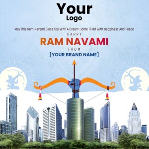 Ram Navami wish with a city skyline and bow and arrow
