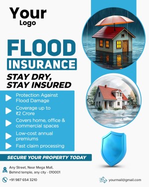 Flyer advertising flood insurance with a house partially submerged in water and a shield.