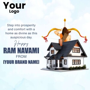 Ram Navami greeting with a house illustration and Lord Rama