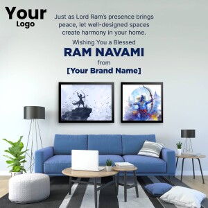 Ram Navami greeting with home decor featuring Lord Ram artwork.
