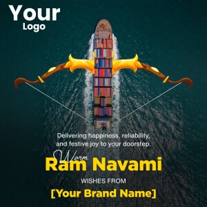 Ram Navami themed image with a cargo ship and bow and arrow design.