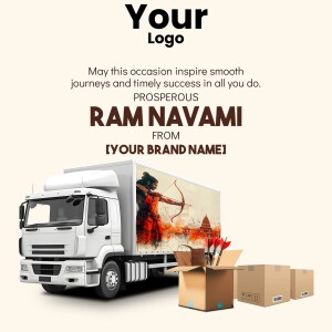 Ram Navami themed logistics advertisement with a truck and boxes
