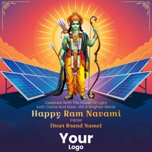 Lord Rama with solar panels, celebrating Ram Navami and promoting solar energy.