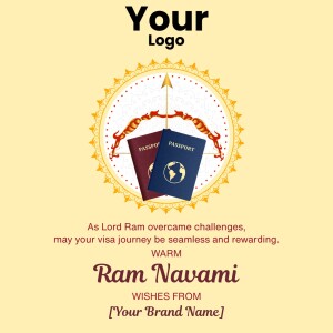 Ram Navami greeting with travel theme featuring passports and a compass.