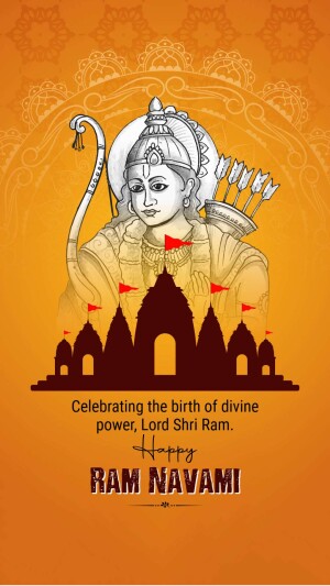 Illustration of Lord Rama with a temple background and text 'Celebrating the birth of divine power, Lord Shri Ram. Happy Ram Navami'