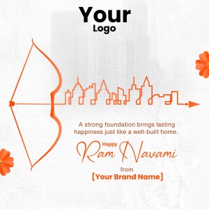 Ram Navami greeting card with an arrow transforming into a cityscape and floral elements.