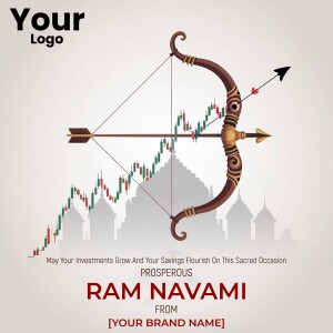 Ram Navami themed image with a bow and arrow targeting a rising stock chart and temple background.