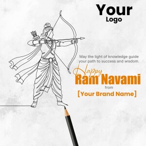 Line art illustration of Lord Rama with a bow and arrow, wishing Happy Ram Navami.