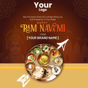 Ram Navami greeting with traditional Indian food platter and Lord Ram image.