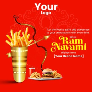 Ram Navami themed food promotion with fries, burger, and traditional elements.