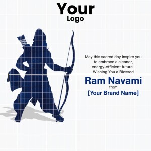 Ram Navami illustration with Lord Rama aiming his bow, integrated with a solar panel design.