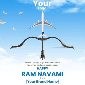 Airplane flying over a bow and arrow with Ram Navami greetings