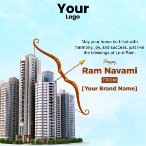 Ram Navami greeting with a cityscape and a bow and arrow design.