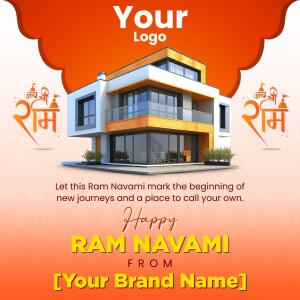 Ram Navami greeting with a house illustration and festive decorations.