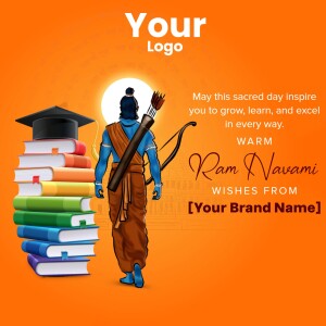 Ram Navami greeting with Lord Rama, books, and a graduation cap.