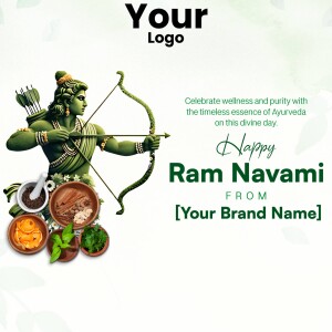 Ram Navami greeting with Lord Rama, Ayurveda elements, and text.