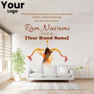 Ram Navami festive greeting with a depiction of Lord Rama with a bow and arrow in a modern living room setting.