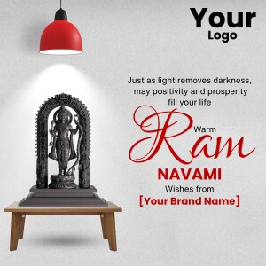 Ram Navami greeting with statue of Lord Rama and inspirational quote.