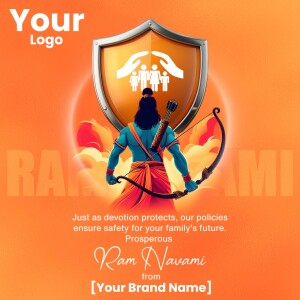 Ram Navami themed insurance advertisement with Lord Rama and a shield.