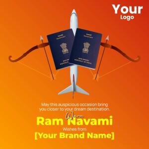 Ram Navami graphic with passports, airplane, and bow and arrow