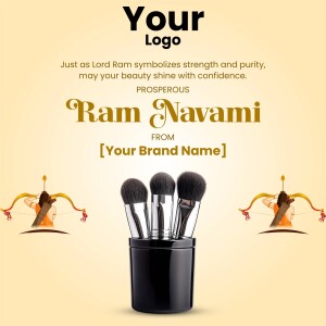 Ram Navami themed makeup brush advertisement with Lord Ram imagery.