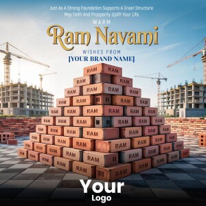 Ram Navami greeting with a brick pyramid and construction site background