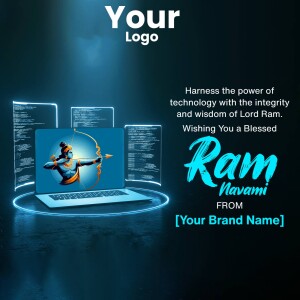 Ram Navami greeting with a laptop and digital code background