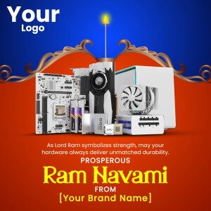 Ram Navami themed image with computer hardware and festive decorations.