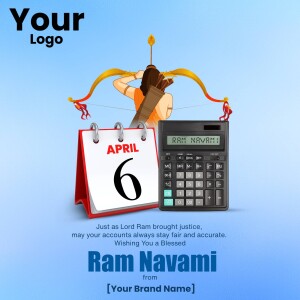 Ram Navami themed image with calendar, calculator, bow and arrow, and text wishing financial prosperity.