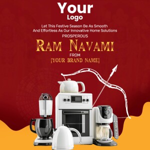 Ram Navami promotional image featuring home appliances and festive decorations.