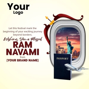 Ram Navami greeting with travel theme featuring Statue of Liberty and passport.