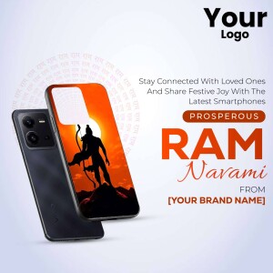 Ram Navami promotional image featuring a smartphone with a Ram Darbar wallpaper.