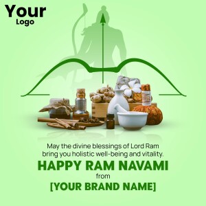 Ram Navami greeting with Lord Ram silhouette and Ayurvedic herbs