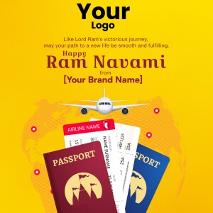 Ram Navami travel promotion with airplane, tickets, and passport.
