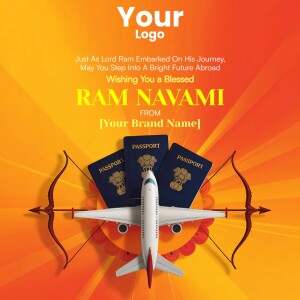 Ram Navami greeting with travel theme featuring a plane, passports, and bow and arrows.