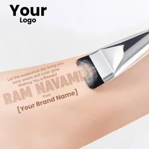 Close-up of a makeup brush with Ram Navami greeting on skin-toned background