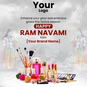 Ram Navami greeting with beauty products and Lord Rama imagery