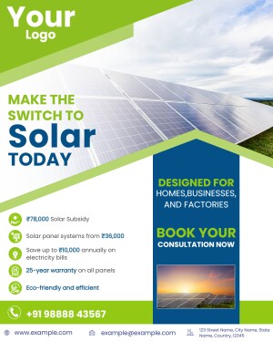 Advertisement promoting solar panel installation for homes, businesses, and factories.