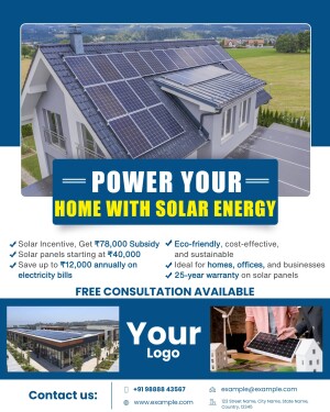 Solar panels on a house roof with text promoting solar energy savings and subsidies.