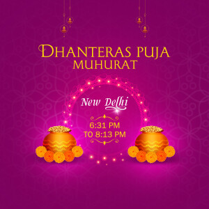 Dhanteras Puja Muhurat for New Delhi with time and decorative elements