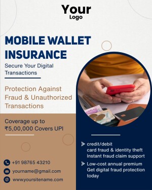 Poster advertising mobile wallet insurance with a person holding a phone and cards.